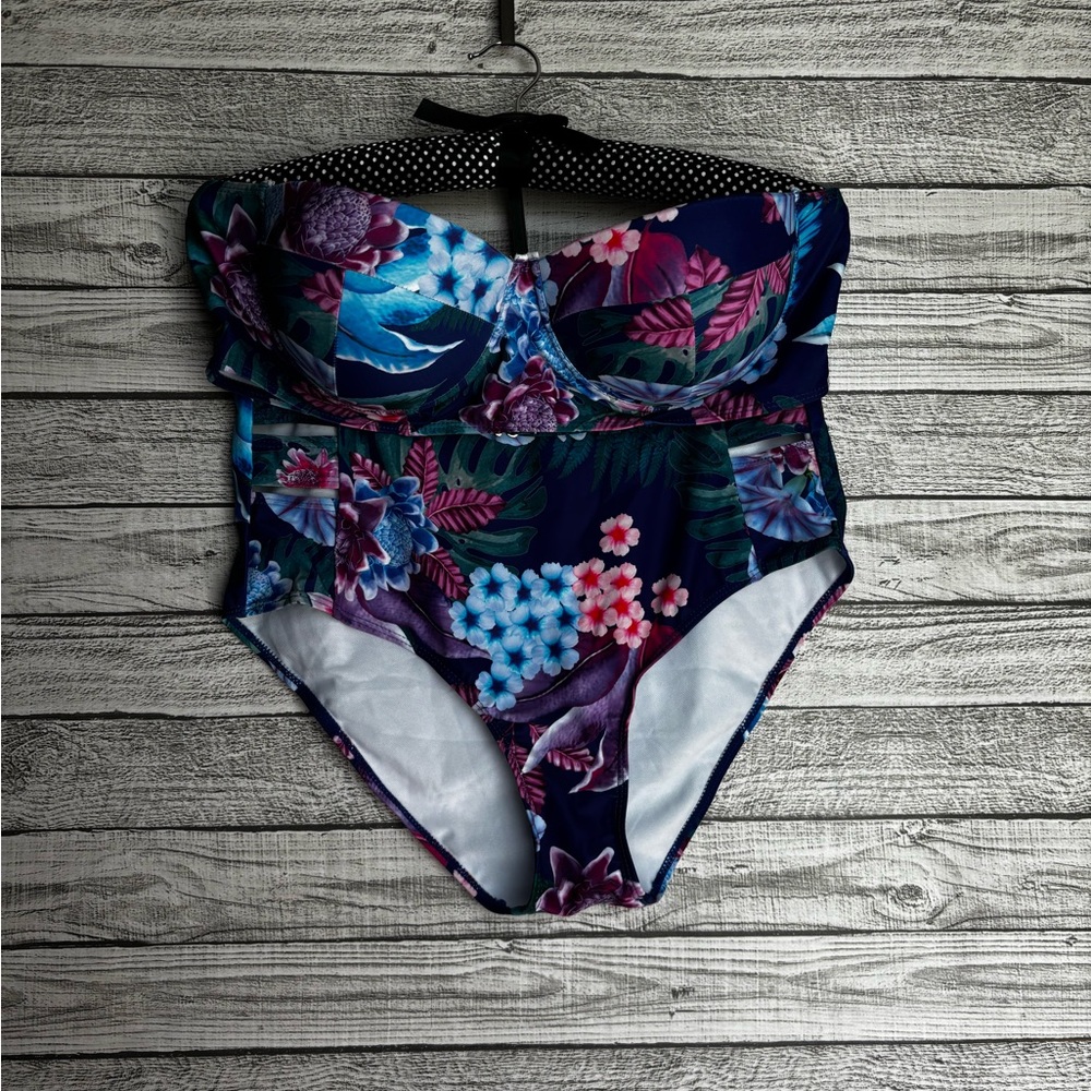 Vibrant Blue and Purple Two Piece Swimsuit with High-Waisted Design